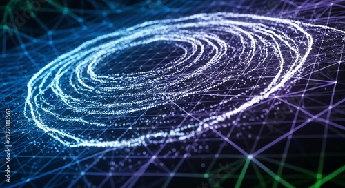 Glowing blue particle spiral with geometric connections