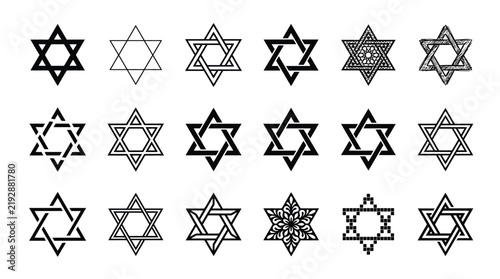 Diverse collection of star of david graphic icons isolated on a clean white background design
