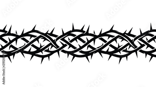Black barbed wire crown vine border design featuring sharp thorny stems on clean white background