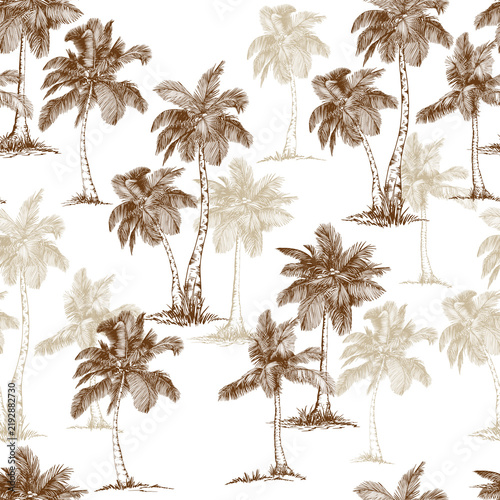 Seamless pattern with coconut palm trees and tropical plants. Toile de Jouy style. Hand drawn illustration.