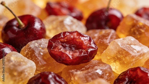 Dried cherries and rock candy sugar cubes composition
