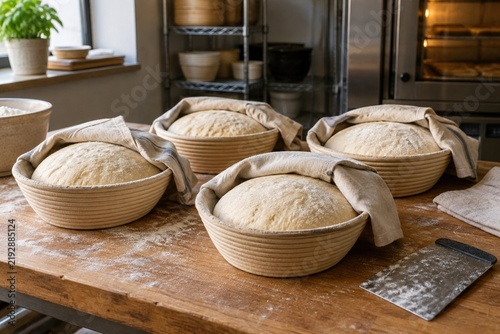Sourdough bread dough rising in banneton baskets covered with linen cloths resting on a wooden bakery table dusted with flour