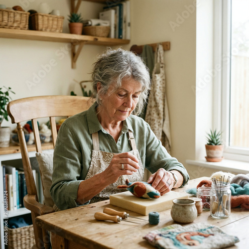An older woman doing needle felting at a wooden table in a workshop, handmade craft