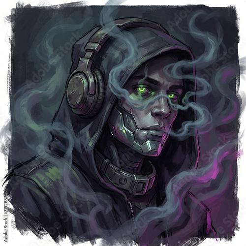 Atmospheric dark cyberpunk digital art portrait of a futuristic male cyborg wearing a black hoodie and large headphones featuring glowing green eyes surrounded by thick swirling smoke.