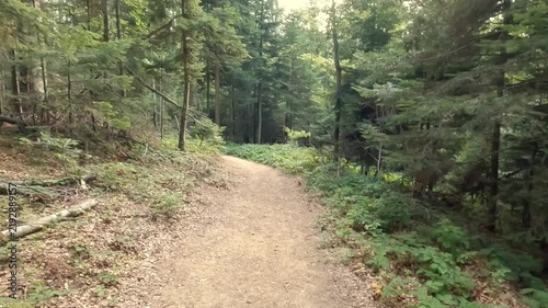 Walking on an empty mountain dirt path winding through nature. Point of view.