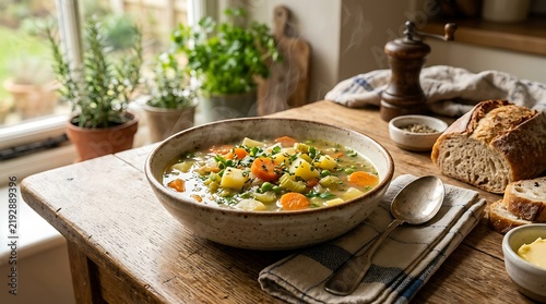 Steaming hot vegetable soup with carrots and potatoes in a bowl served with crusty sourdough bread