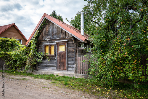 Traditional Timber Cabin Surrounded by Fruitful Apple Trees in a Rural Garden