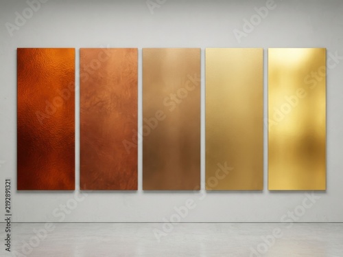 Five metallic panels in a gallery showcasing copper and gold textures with soft studio lighting