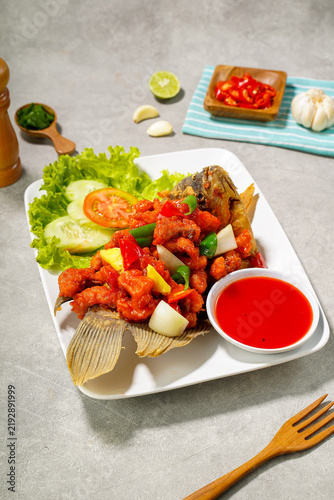 Sweet and Sour Gourami Fish Served on a Plate, Indonesian Asian Cuisine
