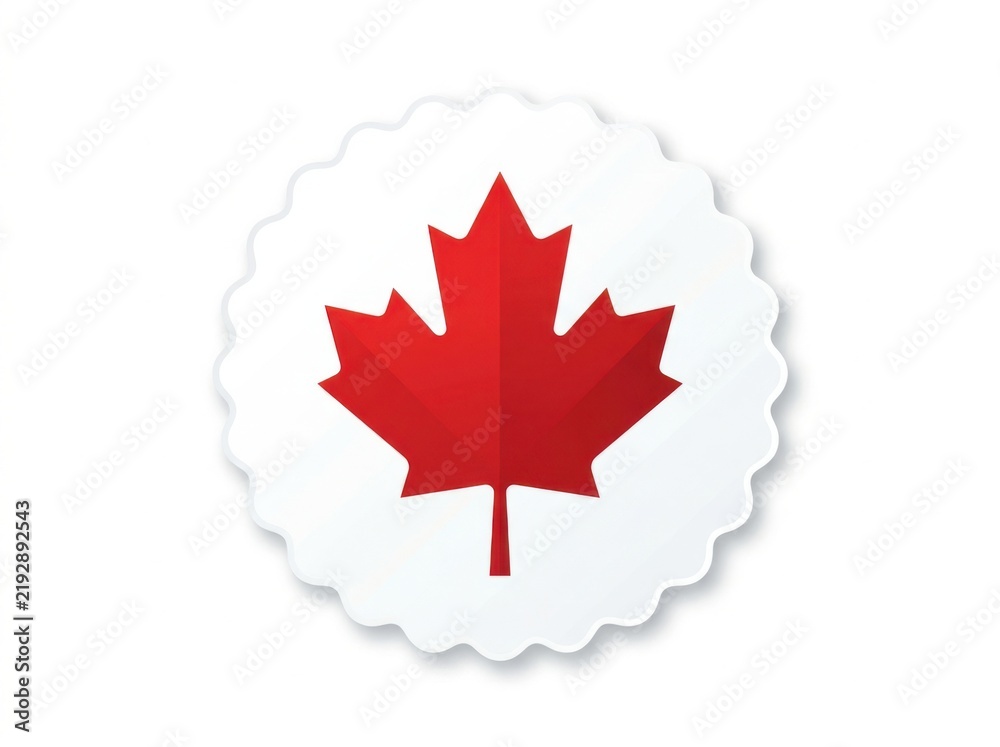 Obraz premium Red maple leaf emblem on scalloped white circle background with natural light