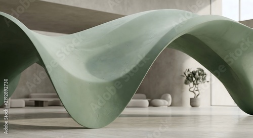 Wabi-sabi minimalist atmospheric composition of a wind-sculpted monolithic canopy in matte sage green