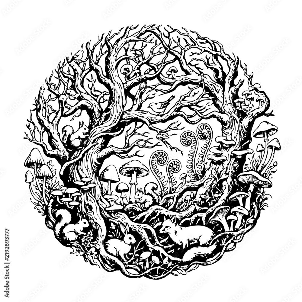 Fototapeta premium Circular forest ecosystem illustration with trees mushrooms and animals