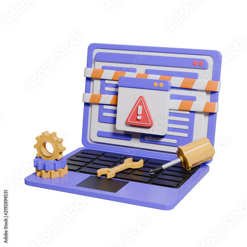 Laptop with Warning Sign, Gears, and Tools 3D Render Illustration Representing an Under-Maintenance Website
