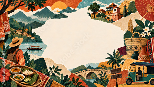 Southeast Asian travel collage background with copy space, vintage tourism illustration frame, tropical vacation banner with tuk tuk and mountains