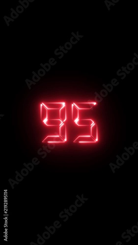 Glowing red digital number 95 neon countdown timer on black background, ninety-five