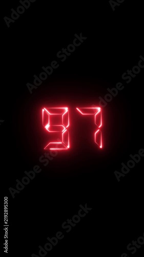 Glowing red digital countdown timer number 97 on black background, neon led style display for motion and broadcast