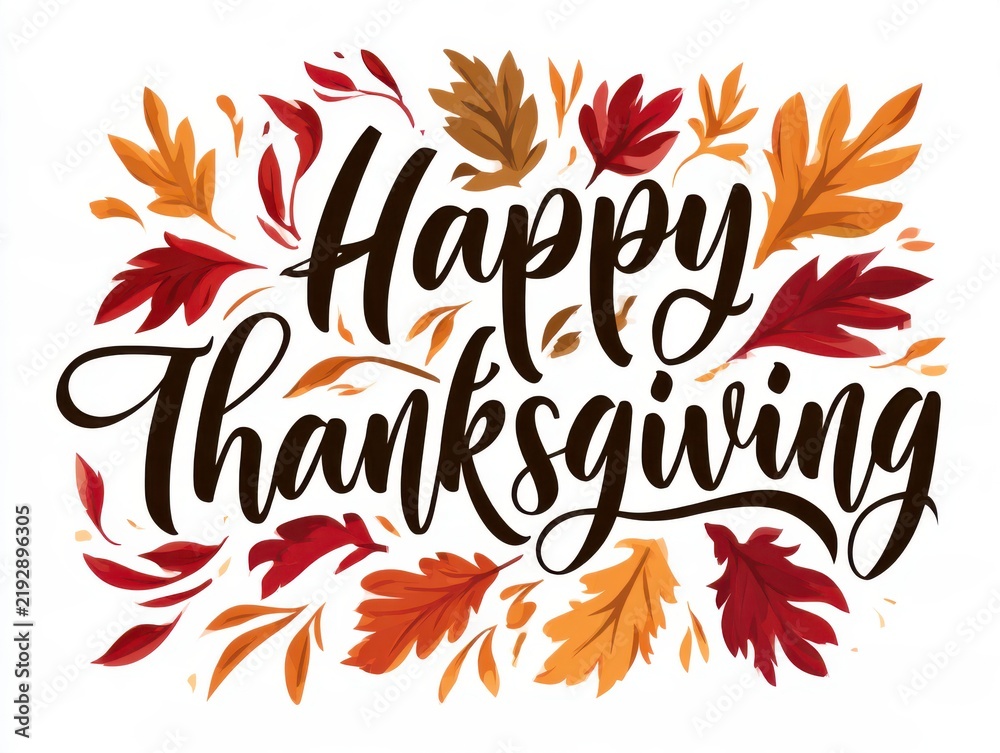 Fototapeta premium Happy Thanksgiving decorative text with autumn leaves design illustration