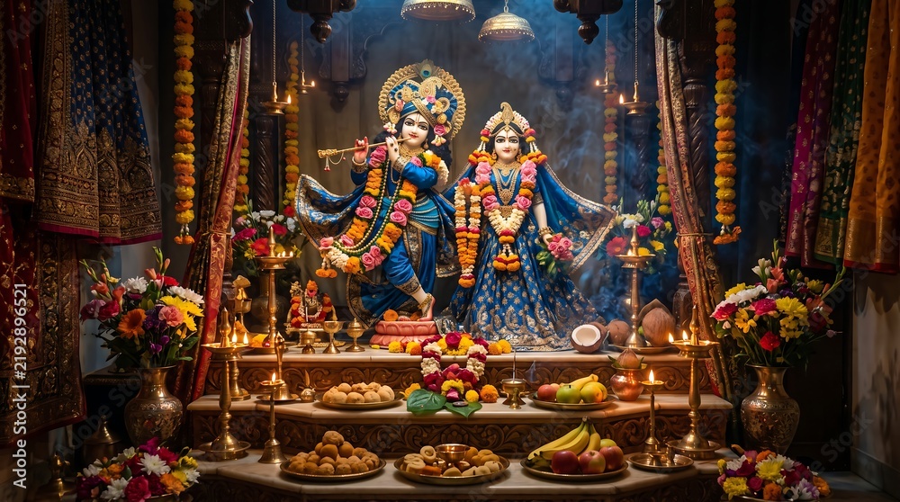 Obraz premium Sacred Radha Krishna Altar Puja with Flowers and Diyas