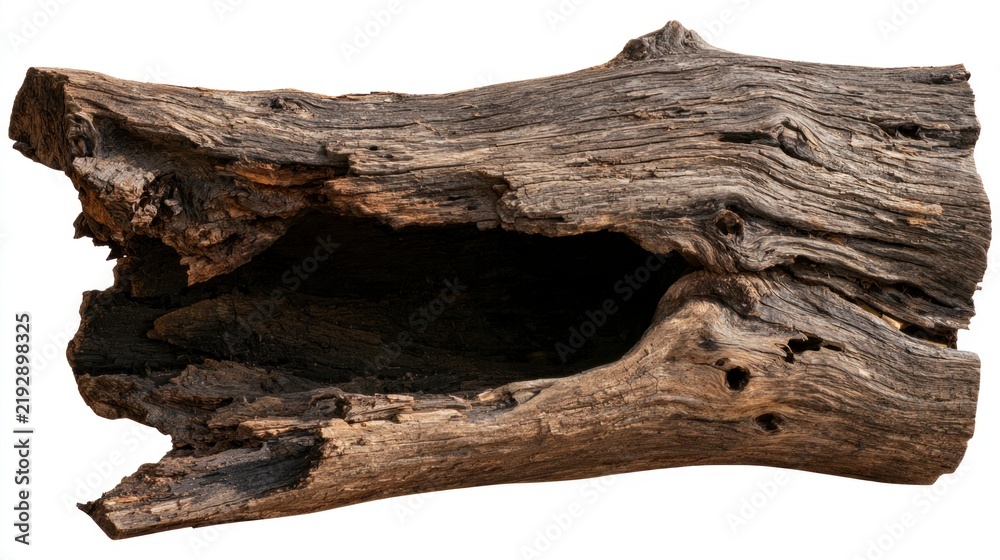 Fototapeta premium Old hollowed out tree log with rough textured bark isolated on a white background