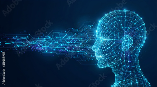 Digital human head wireframe with circuit pattern performing data analysis in futuristic technology setting with copy space