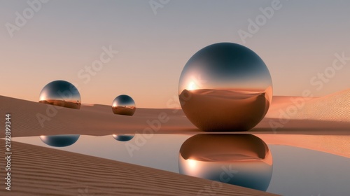 Surreal 3D Render of Reflective Chrome Spheres in a Golden Desert Landscape at Sunset