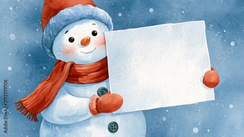 Cute christmas snowman holding empty white greeting card in festive watercolor winter scene with snowy branches, holiday decorations, cozy seasonal atmosphere, christmas celebration and winter holiday