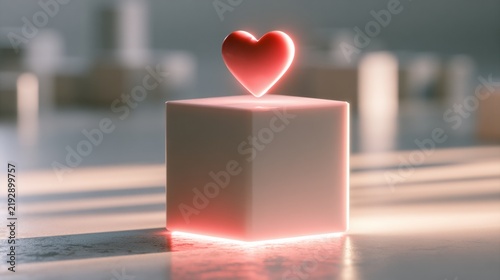 A wishlist heart glows above a generic product. The scene is bright with soft light highlighting the hearts glow.