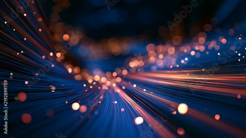 Abstract fiber optic data transmission background with glowing light particles and blue lines