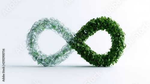 Infinity symbol made of green leaves and recycled plastic, representing sustainability and circular economy on a white background.