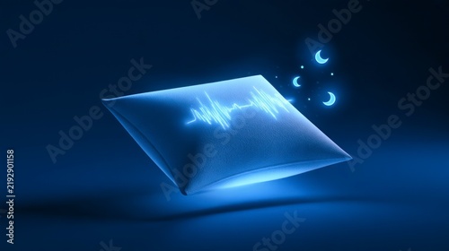 Conceptual 3D Illustration of a Floating Smart Pillow with Digital Sleep Tracking Wave and Crescent Moon Icons