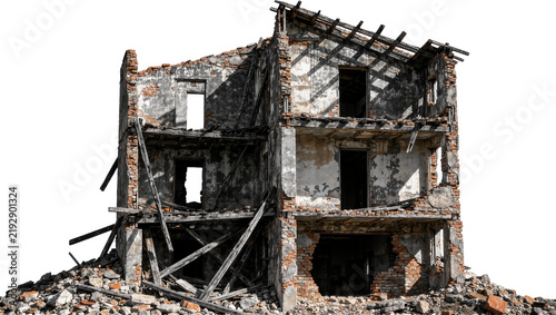 Bild auf Leinwand Dilapidated multi-story brick building ruins with collapsed floors and debris, i