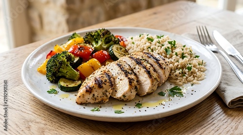 Sliced grilled chicken served with steamed rice and colorful roasted vegetables