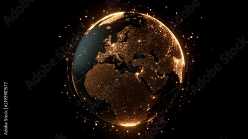 Stylized Glowing Golden Globe of Earth with Africa and Europe in Space, Conceptual Digital Connectivity and Global Network Design