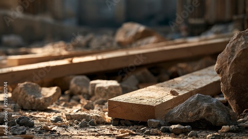 Close-up of wooden planks and debris on a dusty construction site or demolition zone under warm sunset light