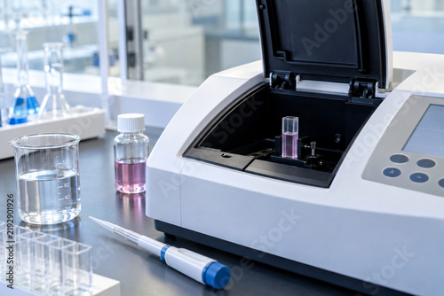 UV Vis spectrophotometer with cuvette for laboratory analysis