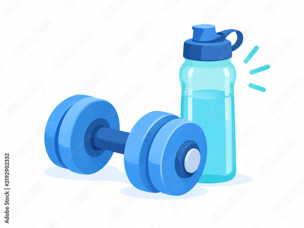 Obraz premium Trening siłowy na siłowni, nowoczesny hantel obok sportowego bidonu na wodę, ilustracja flat design.