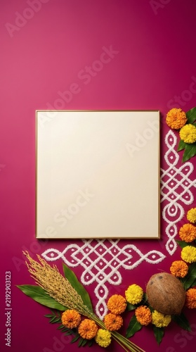 Traditional Indian Festival Background with Blank Frame and Marigold Flowers