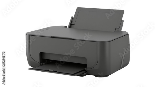 Foto Compact dark gray inkjet printer with paper tray extended, isolated on transpare