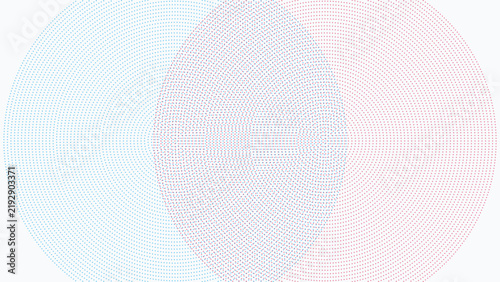 Abstract background, with two overlapping, circular patterns made, of tiny blue, and red dots, on a clean, white background for, geometric visuals