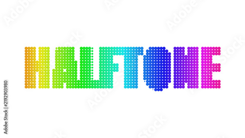 The word halftone written in bold capital letters using a black dot matrix pattern isolated on a white background, for typography
