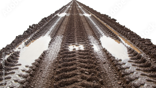 Konstfotografi Muddy tire tracks with puddles of water, isolated on transparent background