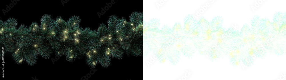 Fototapeta premium Christmas tree garland PNG. Realistic Christmas wreath with glowing string lights. Christmas decoration and ornament.