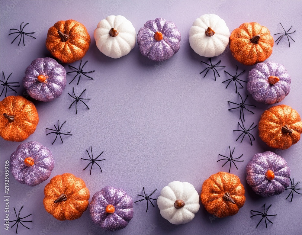Fototapeta premium Top view of pale lilac glitter halloween pumpkins frame on lilac concrete background with orange small spiders and central copy space