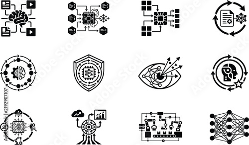 Various logos and symbols in black and white on a transparent background