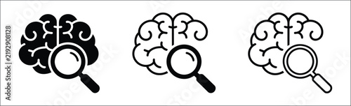 Brain with magnifying glass icon, research and analysis concept, intelligence and cognitive study symbol, scientific investigation, knowledge and thinking vector illustration