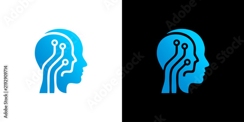 Artificial Intelligence AI Human Head with Digital Brain Circuitry Technology Concept Icon Set in Blue on White and Black Background