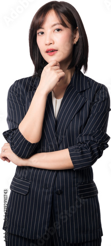 Thoughtful southeast asian woman developer planning artificial intelligence chatbot innovation with confident expression isolated on plain transparent backdrop studio portrait