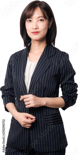 Confident southeast asian woman business leader developing artificial intelligence chatbot system isolated on transparency background looking forward with smart professional smile