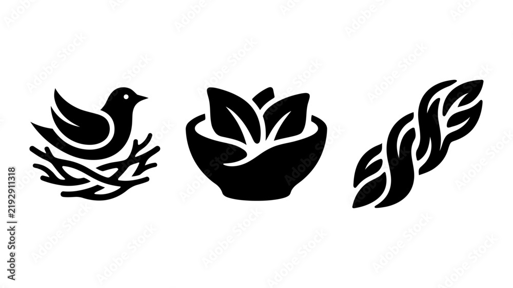 Fototapeta premium On background, featuring bird, sitting in a, nest, bowl, filled with green, leaves, a, decorative braided leaf pattern