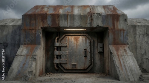 Heavy steel vault door set into a weathered concrete bunker entrance under a dark overcast sky